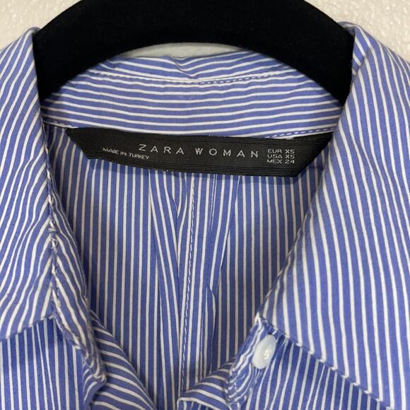 ZARA Woman Blue and White Striped Button Down Blouse with Tassels Size XS - Picture 4 of 8
